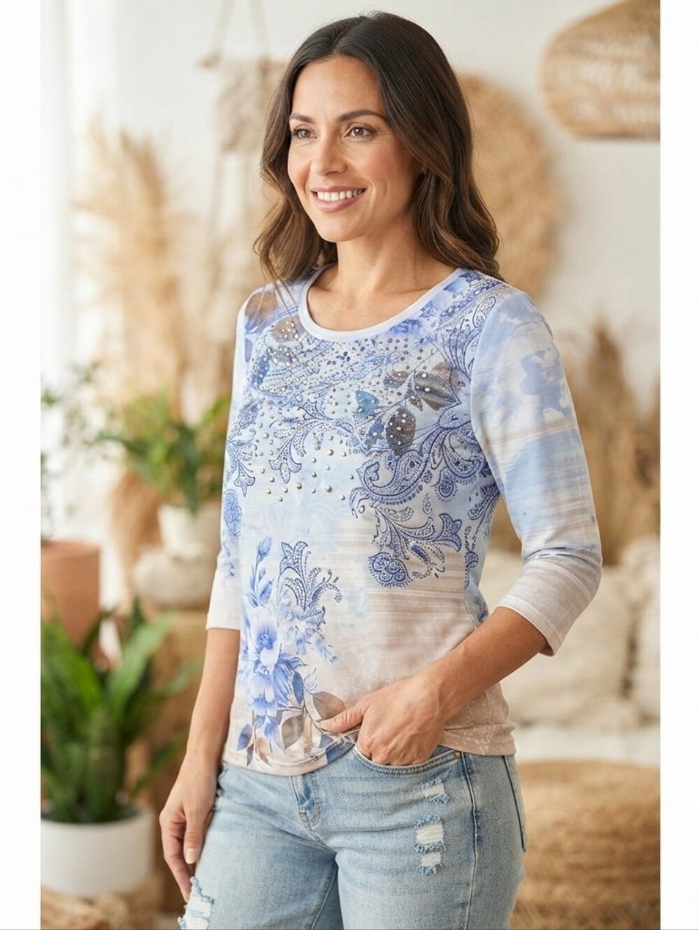 B.L.E.U. Floral Paisley Studded 3/4 Sleeve Top Women's Medium NWOT